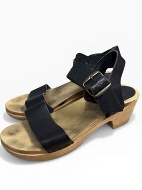 No.6 Black Leather Clog Sandals Wooden Platform Ankle Strap Size 38 US 7.5-8